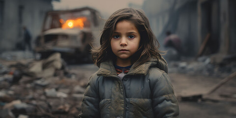 Small child war orphan survivor in a destroyed city