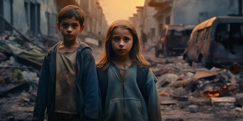 Fototapeta na wymiar Small children war orphan survivor in a destroyed city