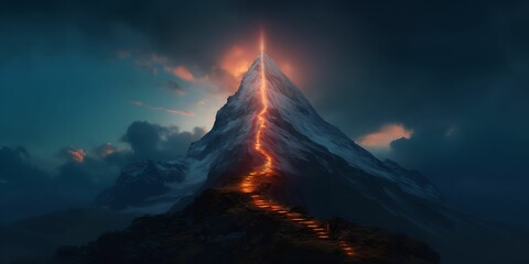 Fururistic mountain with glowing path to the top