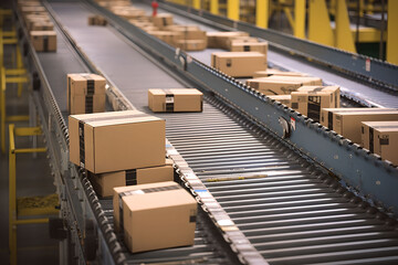 Close-up of multiple cardboard box packages seamlessly moving along a conveyor belt in a warehouse fulfilment centre