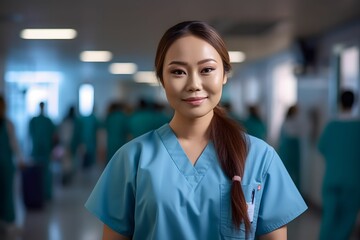 Portrait of a proud and compassionate asian female  nurse in a hospital, embodying the dedication and warmth of healthcare professionals