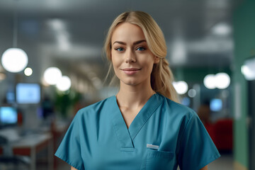 Portrait of a proud and compassionate blond female  nurse in a hospital, embodying the dedication and warmth of healthcare professionals - obrazy, fototapety, plakaty