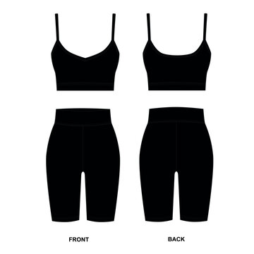 Set of vector patterns of bike shorts and sports bra in black. Template of women's sportswear top and shorts front and back view. Sketch of figure correcting elastic clothing.