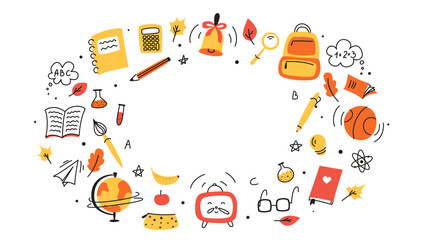 Fototapeta premium Background for school, school theme, school doodles, inscription in a notebook, training, lessons, time for training, Set of school tools, set of education icons, back to school