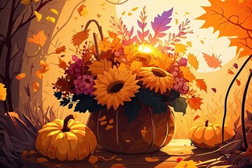 Naklejka na ściany i meble fall harvest scene with pumpkins and sunflowers in a countryside setting. Generative AI