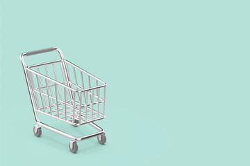 Empty silver colored shopping cart on turquoise background