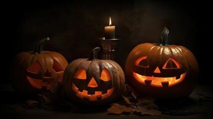 Frightening pumpkin glowing lanterns with an evil grin on Halloween. Generative Ai technology.