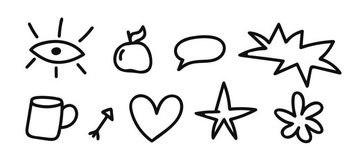 Doodle, scribble element set. Cartoon eye, apple, coffee cup, heart, arrow, star and flower in hand drawn groovy style. Outline tattoo or clothes print sketch (Full Vector)