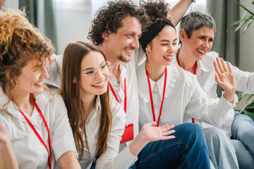 portrait of group of people colleagues at business conference seminar