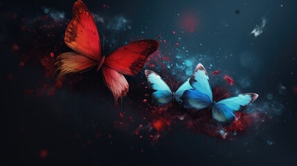 Obraz na płótnie Canvas Butterfly's in red and blue smoke with shiny glitter particles, abstract graphic background of butterfly, website banner background AI