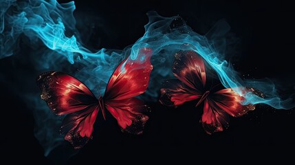 Butterfly's in blue and red smoke with shiny glitter particles, abstract graphic background of butterfly, website banner background AI