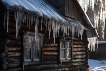 Icicles hanging from the roof of the old, rustic house.