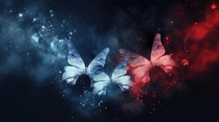 Obraz na płótnie Canvas Butterfly's in red, white and blue smoke with shiny glitter particles, abstract graphic background of butterfly, website banner background AI