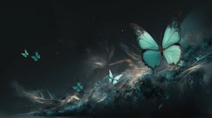 Fototapeta na wymiar Butterfly's in teal and gray smoke with shiny glitter particles, abstract graphic background of butterfly, website banner background AI