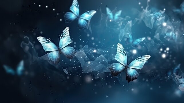 Butterfly's in white and blue smoke with shiny glitter particles, abstract graphic background of butterfly, website banner background AI