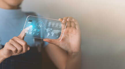 A girl is showing virtual screen. Data storage. Networking and internet service concept.,future education technology, chat bot