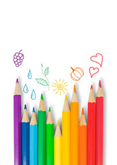 Colored pencils with doodle pictures drawn by them. Funny colorful children's background