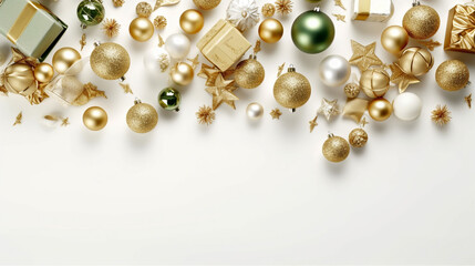 Christmas or New Year's flat lay composition of various decorative elements, sparkles and Christmas baubles on white background,  Created using generative AI tools.