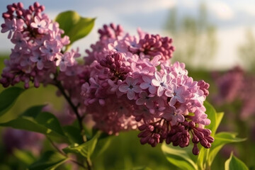 Fototapeta na wymiar Spring branch of blossoming lilacs against blue sky background, selective focus.