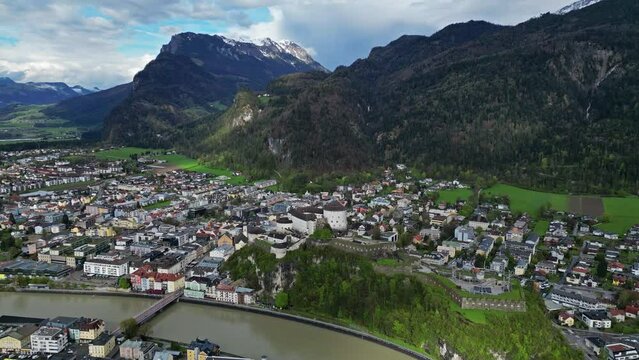 Aerial view of Kufstein town with medieval Castle fortress in Tyrol, Austria, Alps mountains, 4k