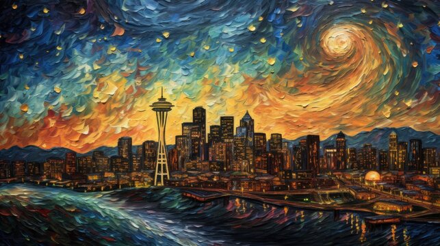 Painting Seattle, Van Gogh style landscape, colorful background, illustration of the cityscape, AI