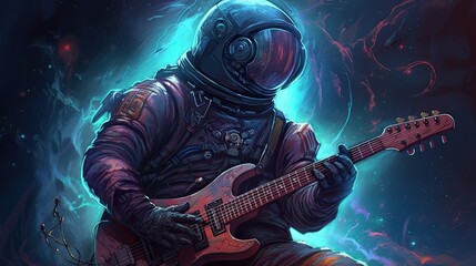 Naklejka premium space punk art, astronaut playing guitars, space jam music, spacepunk concept, AI