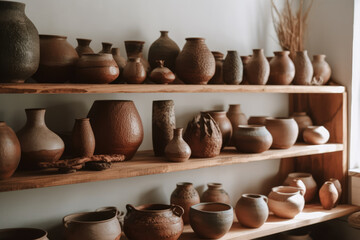 Fototapeta na wymiar Handmade clay pottery set on a white shelf.