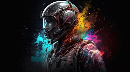 Obraz na płótnie Canvas Spacepunk concept art, space punk graphic of man in space with colorful nebula background, AI