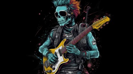 space punk art, astronaut playing guitars, skull and space jam music wearing sun glasses, spacepunk concept, AI