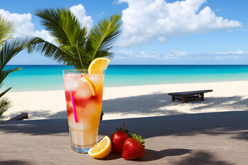 Obraz premium Cocktails on a tropical beach with palm trees and turquoise water. Summer vacation concept. Teasty cocktail. Beautyful background. Generative AI technology.