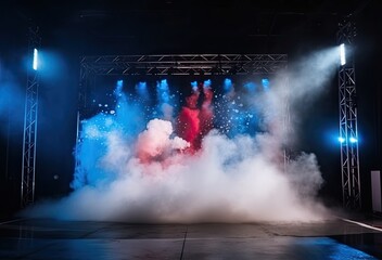 Stage with spotlight, red, white and blue smoke and particle effects, 4th of July, president day, Patriots Day, Columbus Day, Veterans Day, backdrop or product placement ai