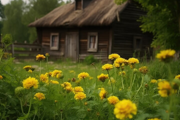 Fototapeta na wymiar Yellow flowers on the backyard of old peasant cottage. Detail of open-air ethnography museum in Tokarnia, Poland.