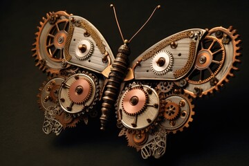 Butterfly concept for steampunk art, butterfly with gears and steampunk accents, concept 3d model, AI