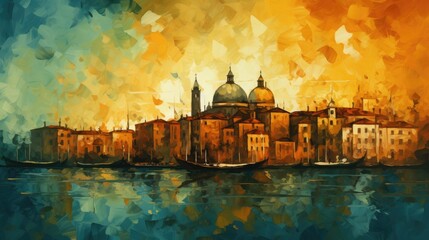 Fototapeta na wymiar Painting Venice, Van Gogh style landscape, colorful background, illustration of the cityscape, AI