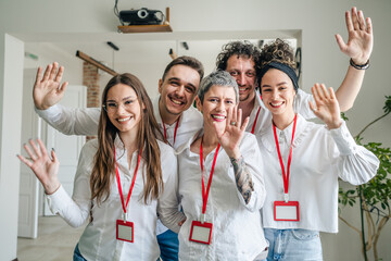 portrait of group of people colleagues at business conference seminar