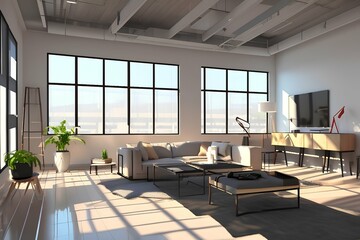 Fototapeta premium Stylish modern loft interior in horizontal arrangement. 3D rendering - generative ai