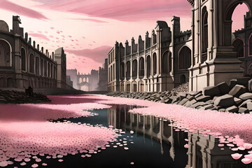 A serene aftermath of a nuclear bomb blast, with a field of blooming cherry blossom trees amidst the ruins. The environment is filled with delicate pink petals