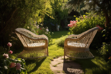 Two wicker chairs in the beautiful, sunny garden. 