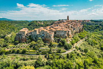 Medieval Pitigliano town over tuff rocks in province of Grosseto, Tuscany, Italy. Pitigliano is a...
