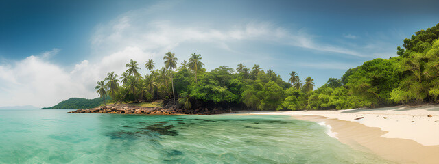 Beautiful tropical island with palm trees and beach panorama as background image - obrazy, fototapety, plakaty