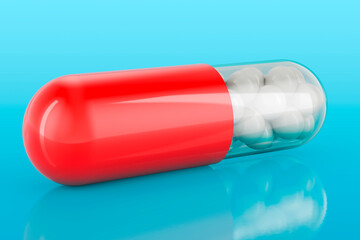 Medicament capsule on blue background, 3D rendering