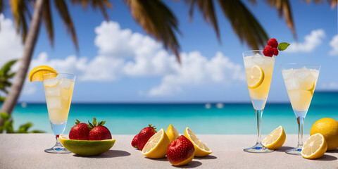 Obraz premium Cocktails on a tropical beach with palm trees and turquoise water. Summer vacation concept. Teasty cocktail. Beautyful background. Generative AI technology.