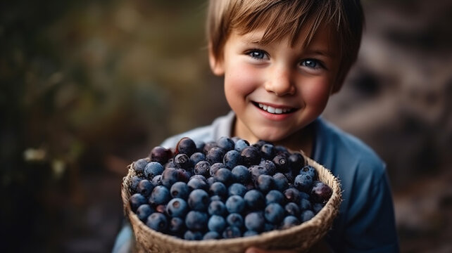 Boy Holding Basket Of Berries, Fresh Juicy Red Ripe Blueberries . Organic Berries Harvesting. Child Eating Fresh Forest Berries In Summer. Healthy Food And Development. Generative Ai