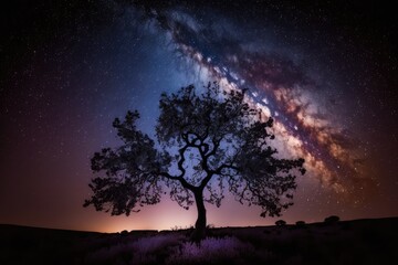Naklejka na ściany i meble solitary tree in a starry night sky. Generative AI