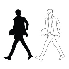 Vector silhouette of young man walking, businessman, profile, linear sketch, black color, isolated on white background