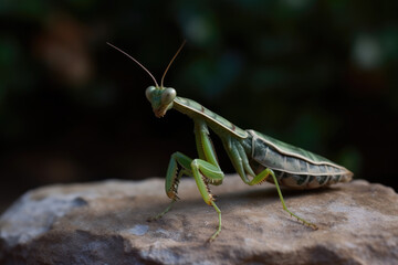 Mantis on the garden, stone bench.