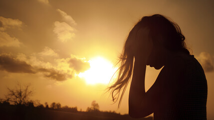 Silhouette of a tired and stressed woman against the sky, sun