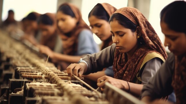 photo of asian indian seamstress with headscarf in textile factory sewing with industrial sewing machines. Generative AI	
