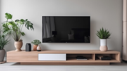 Obraz na płótnie Canvas TV on the cabinet in modern living room with plant on white wall background