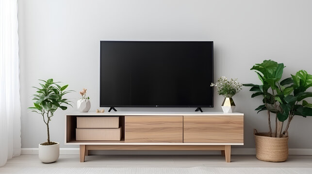 TV on the cabinet in modern living room with plant on white wall background